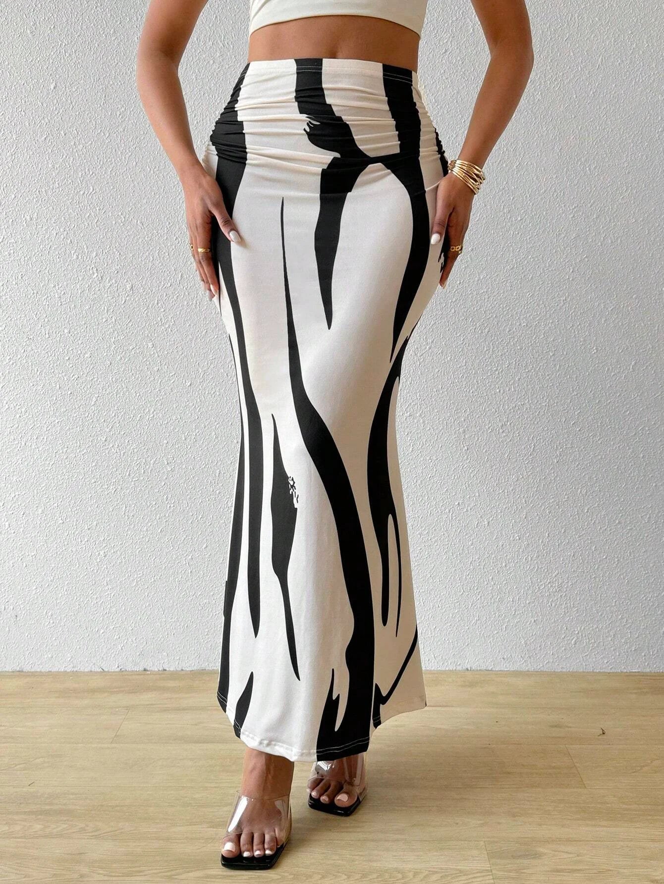 Women Abstract Print Maxi Skirt High Waist Bodycon Mermaid Long Skirt