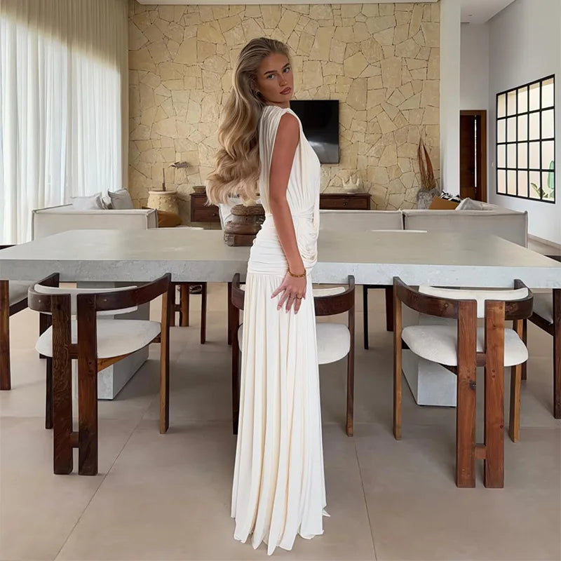 Women’s Ivory Deep V-Neck Pleated Maxi Dress | Elegant Draped Evening Gown for Weddings, Formal Parties & Special Occasions
