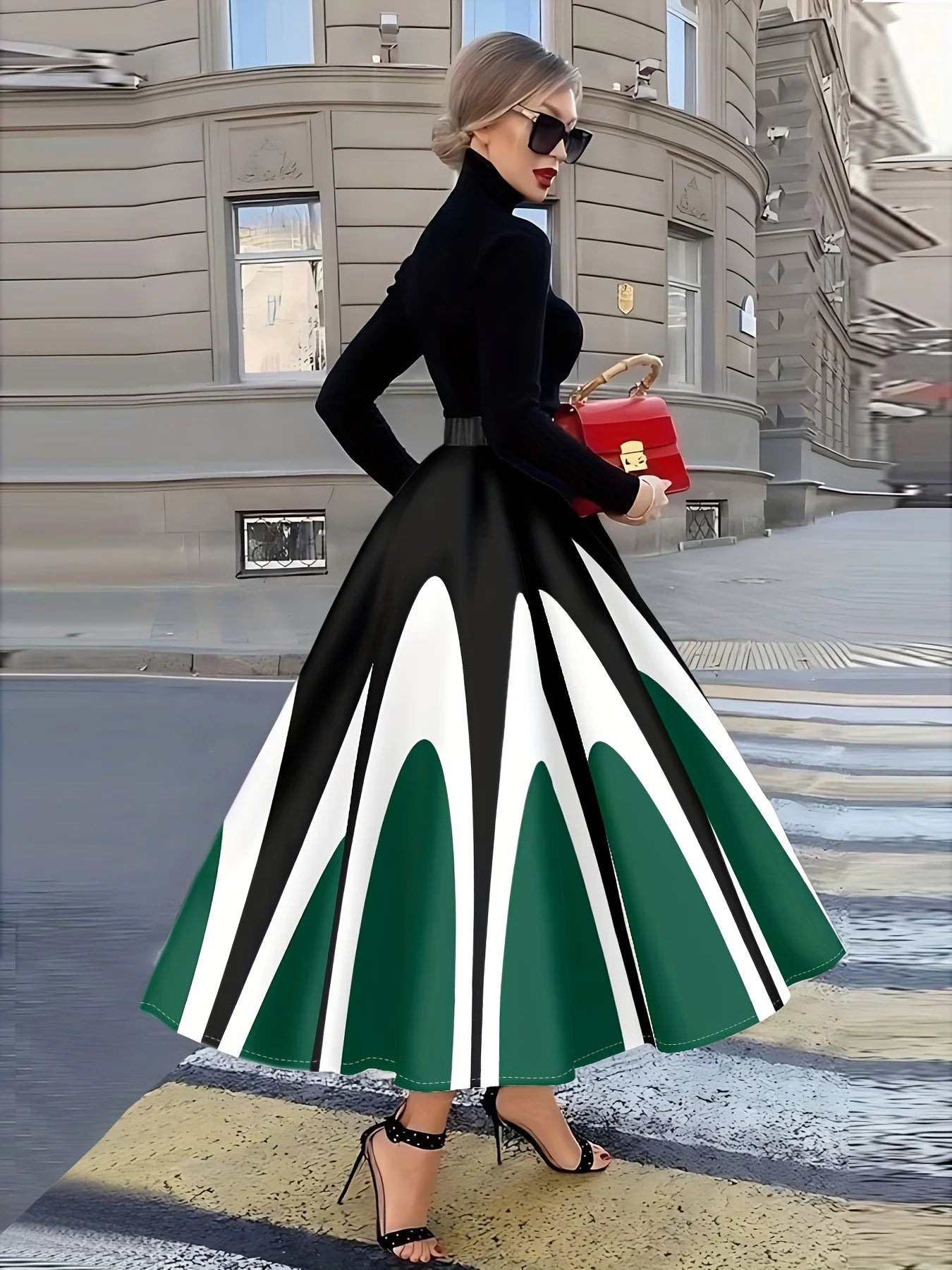 Women Vintage Geometric Print Midi Skirt High Waist Flared A Line Skirt