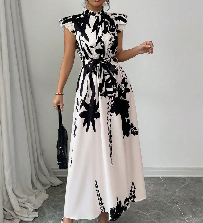 Printed Midi Dress Women | Ruffle Sleeve Belted A Line Elegant Dress