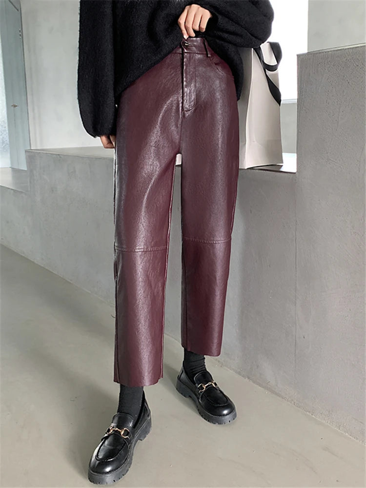 Women Faux Leather Straight Fit Pants High Waist Korean Style Trousers