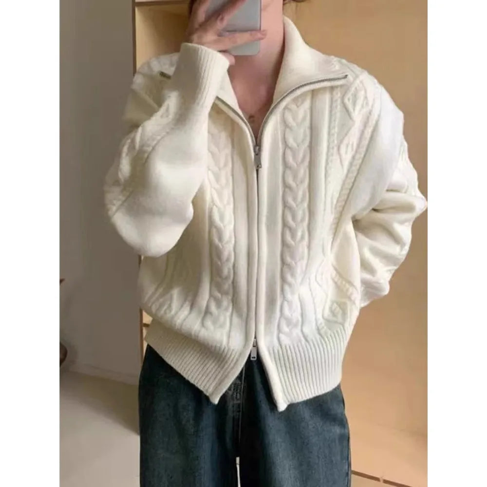 Women’s Cable Knit Zip-Up Cardigan | Oversized Cozy Mock Neck Chunky Sweater Jacket