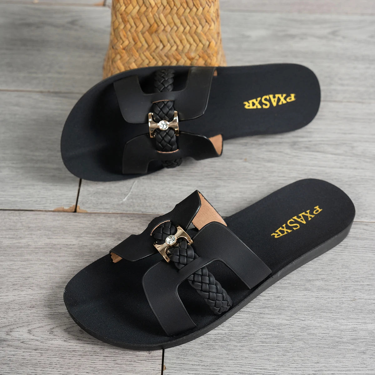 Women’s Braided Slide Sandals – Casual Flat Slippers with Metal Accent for Everyday & Summer Wear