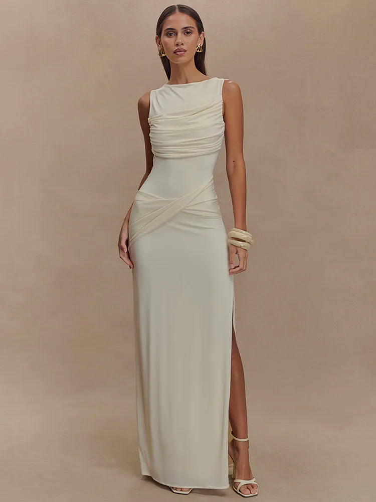 Ruched Bodycon Maxi Dress Women | Sleeveless High Neck Elegant Evening Dress