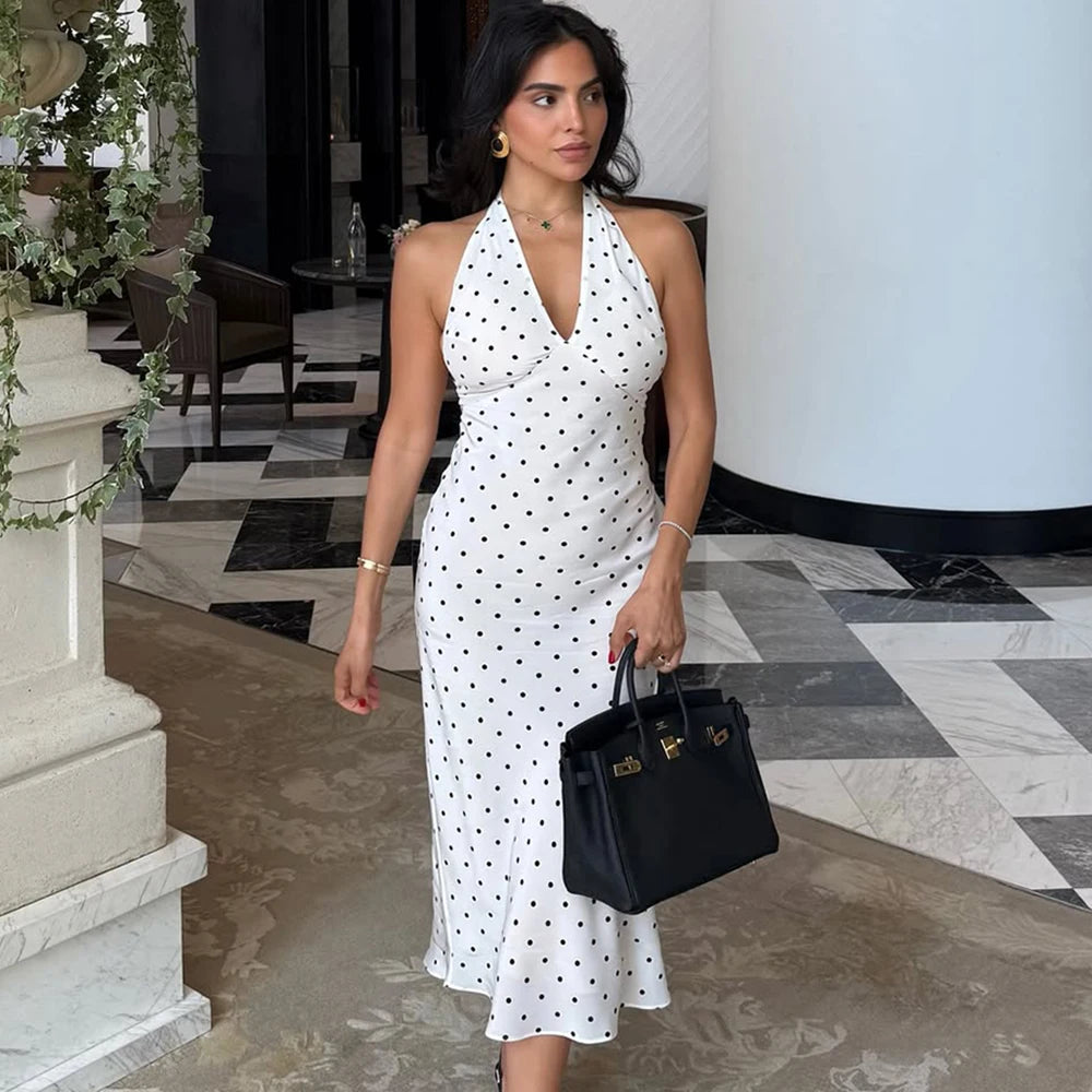 Women’s White Polka Dot Halter Maxi Dress | Elegant Backless Summer Vacation & Resort Dress