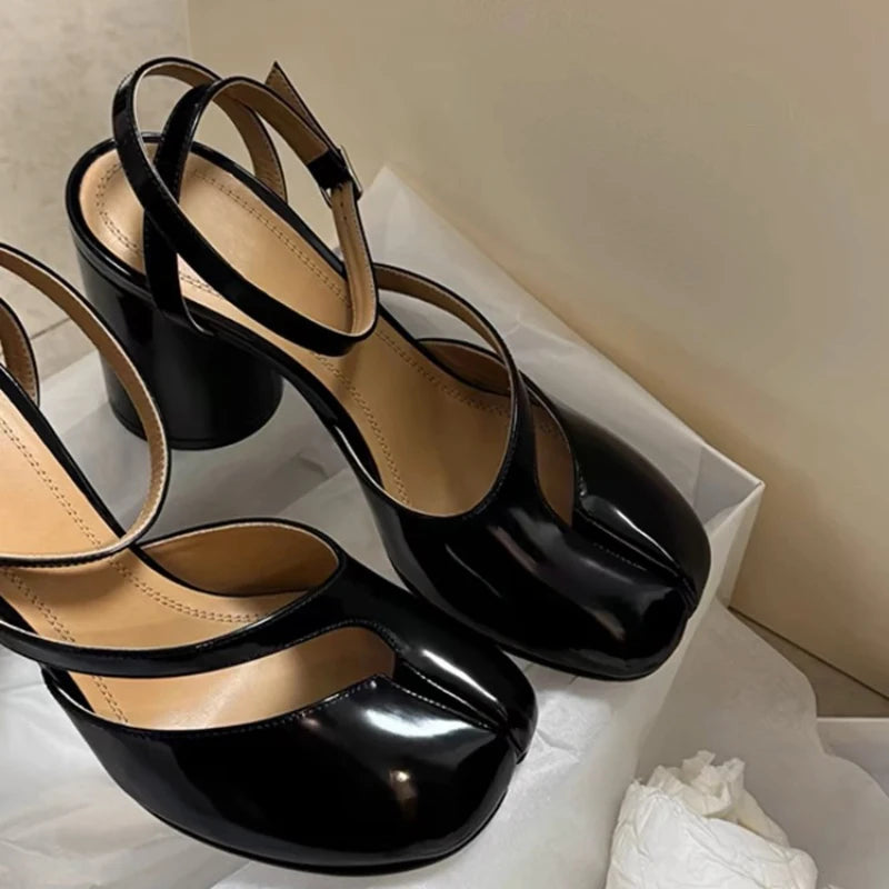 Women’s Tabi Mary Jane Block Heel Pumps – Patent Leather Ankle Strap Shoes for Office, Party & Everyday Chic Wear