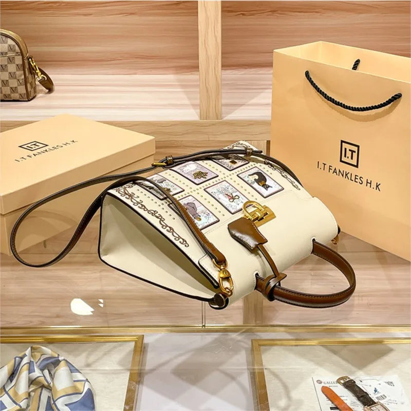 Cute Cat Print Satchel Bag for Women | Vintage Crossbody Handbag | Elegant Top Handle Shoulder Purse | Fashion Designer Tote