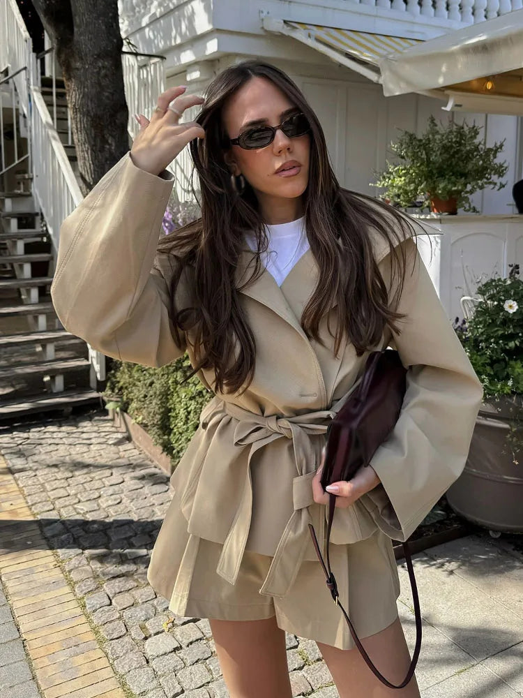 Women's Belted Jacket & Pleated Mini Skirt Co-Ord Set | Smart Casual Two Piece Outfit