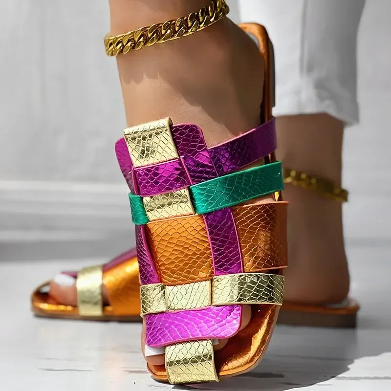 Women’s Multicolor Slide Sandals – Trendy Metallic Flat Slippers for Casual, Beach & Summer Wear