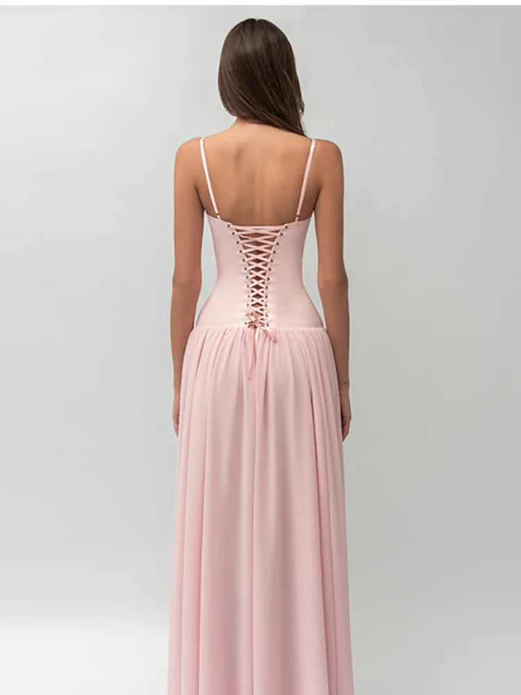 Women’s Blush Pink Corset Maxi Dress | Lace-Up Back Elegant Formal Gown for Weddings, Proms & Special Occasions