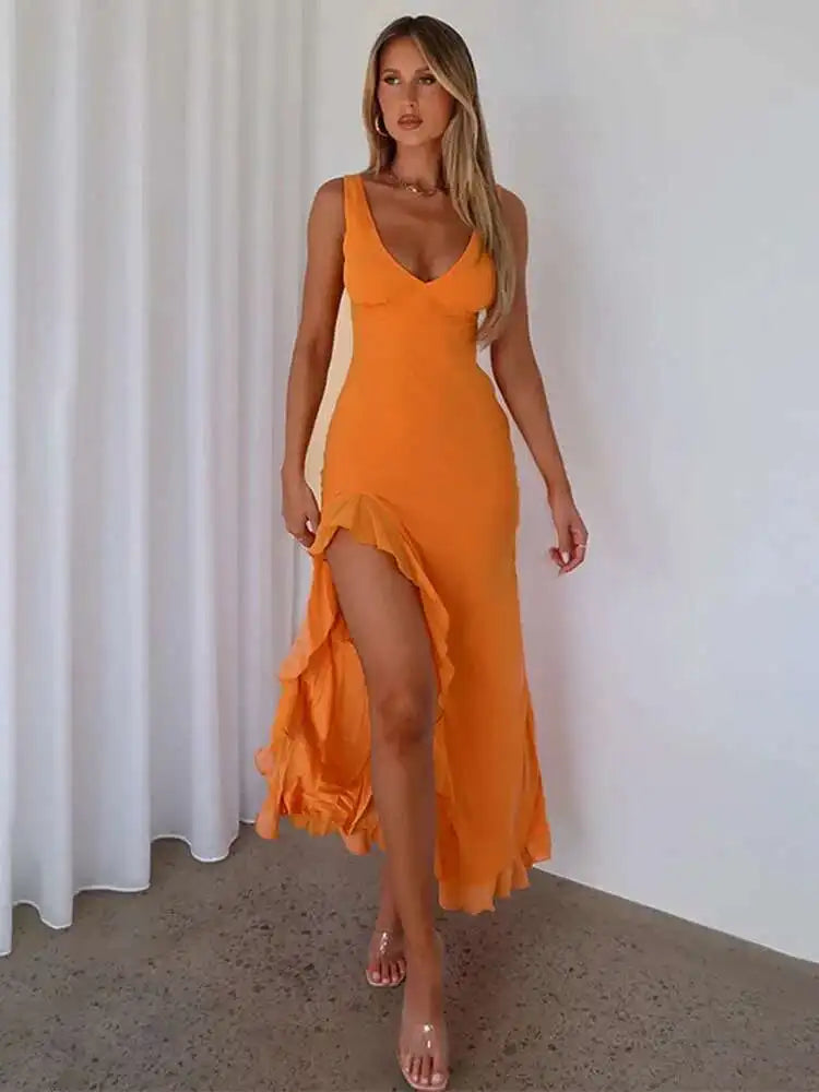 High Split Maxi Dress Women | V Neck Ruffle Evening Party Dress