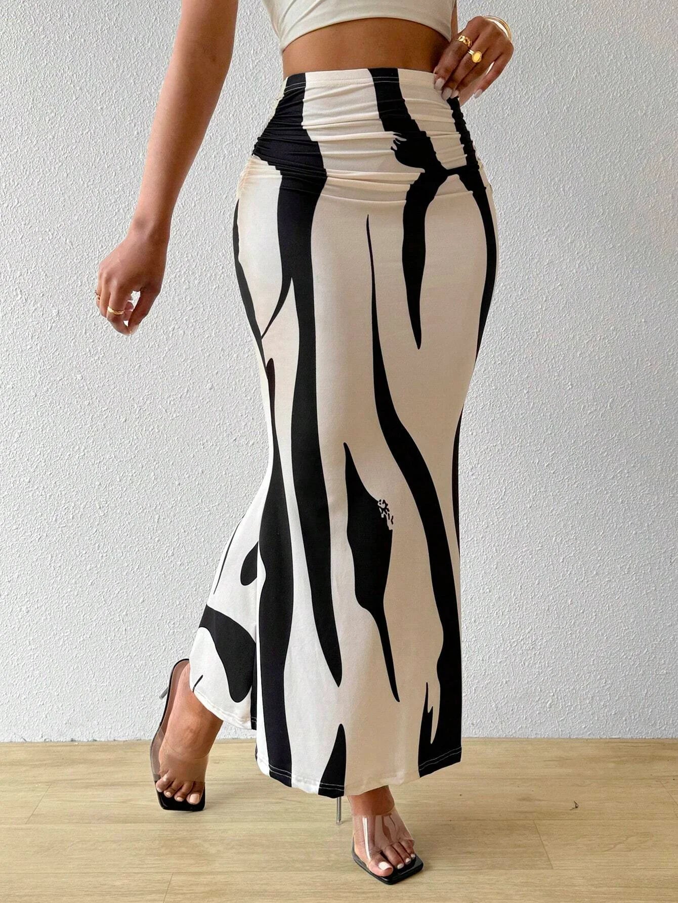 Women Abstract Print Maxi Skirt High Waist Bodycon Mermaid Long Skirt