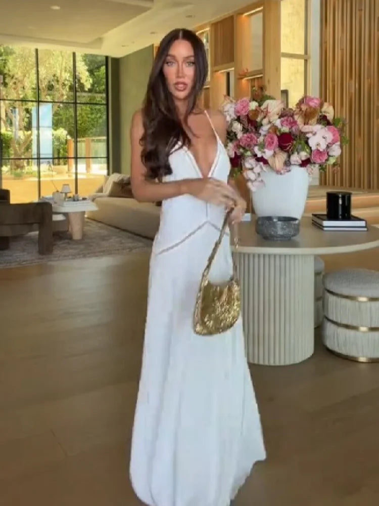 Women’s White Backless Satin Maxi Dress | Deep V-Neck Strappy Evening Gown for Weddings, Vacations & Resort Wear