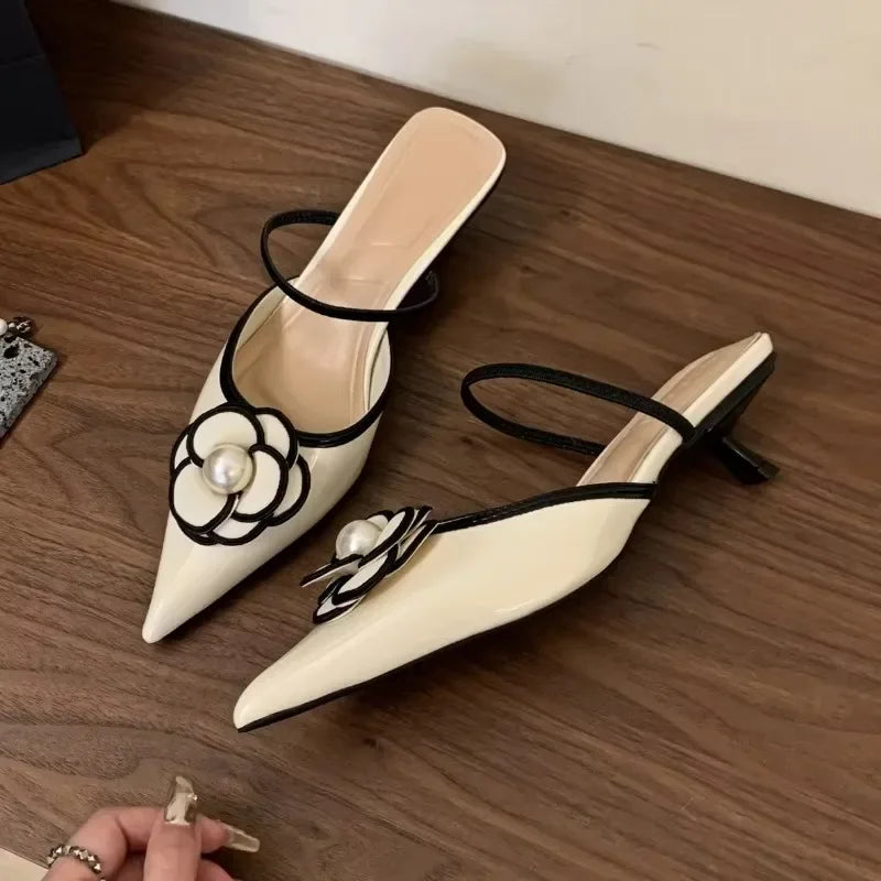 Women’s Pointed Toe Designer | Elegant Pearl Detail Slip-On Sandals for Party & Occasion Wear
