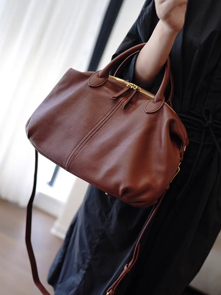 Vintage Leather Boston Bag for Women | Large Weekender Duffel Bag | Soft Leather Travel Tote | Elegant Carry-On Shoulder Handbag