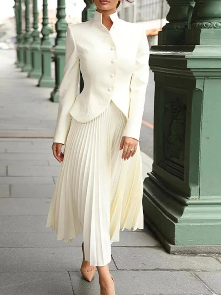 Women's Embroidered Tailored Jacket & Pleated Midi Skirt Co-Ord Set | Elegant Formal Occasion Outfit