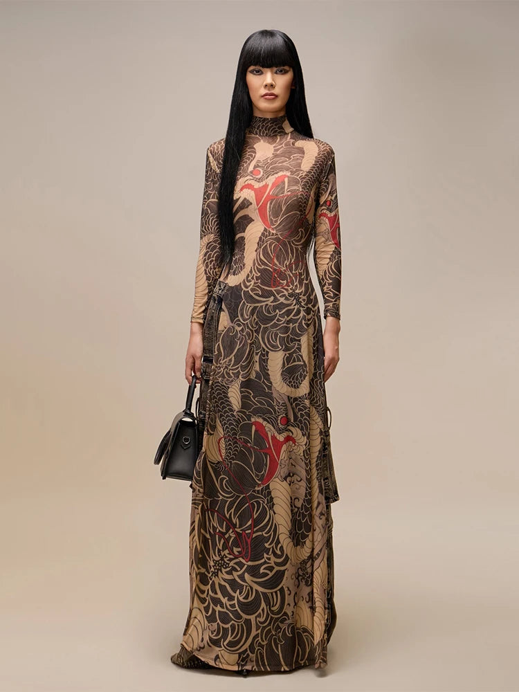 Dragon Print Maxi Dress Women | Long Sleeve High Neck Bodycon Dress