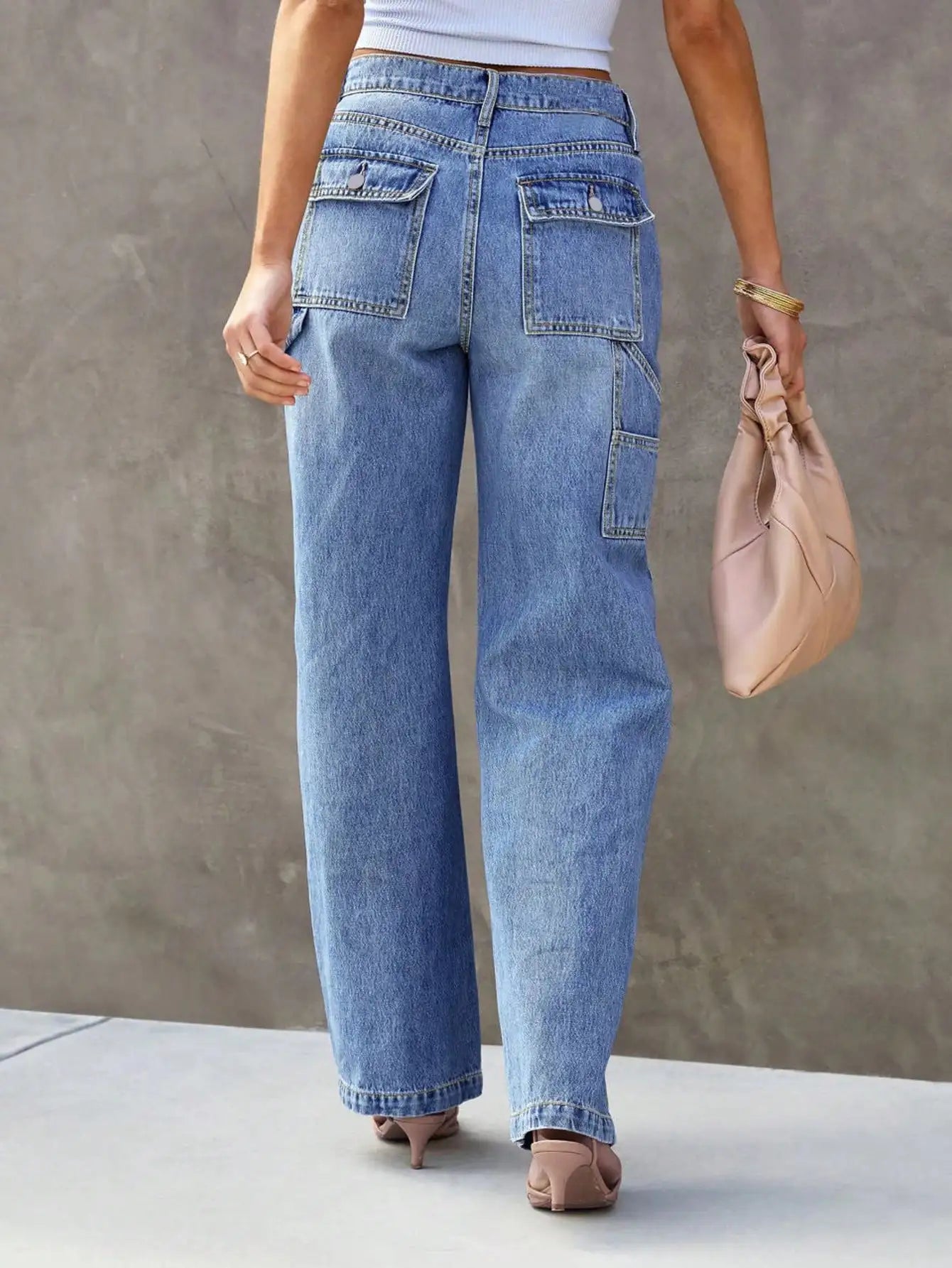 Women High Waist Straight Leg Cargo Jeans Casual Relaxed Fit Denim Pants