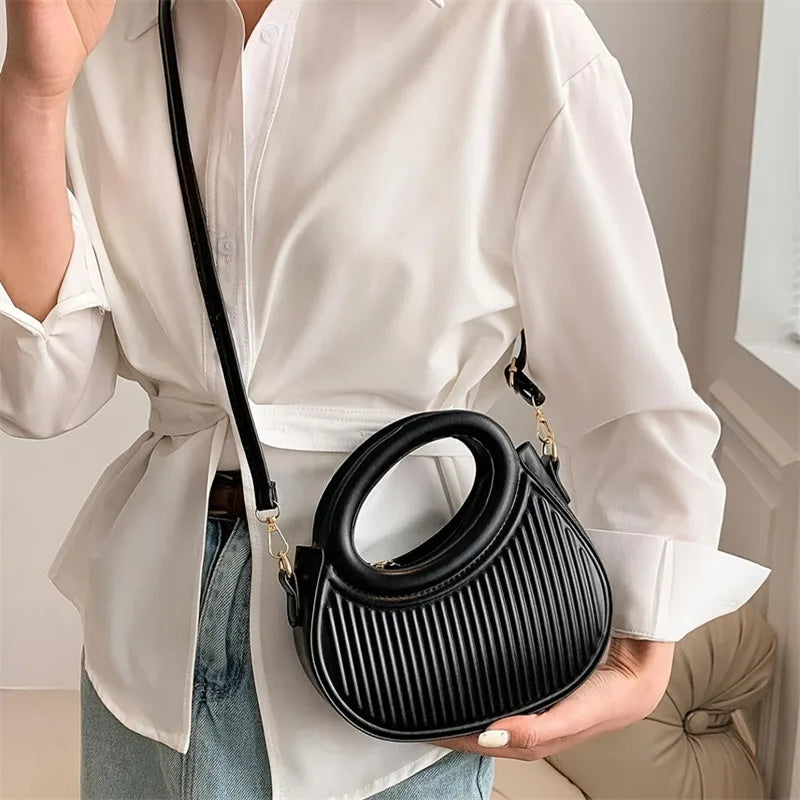 Black Round Handle Handbag for Women | Modern Ribbed Crossbody Purse | Elegant Mini Shoulder Satchel
