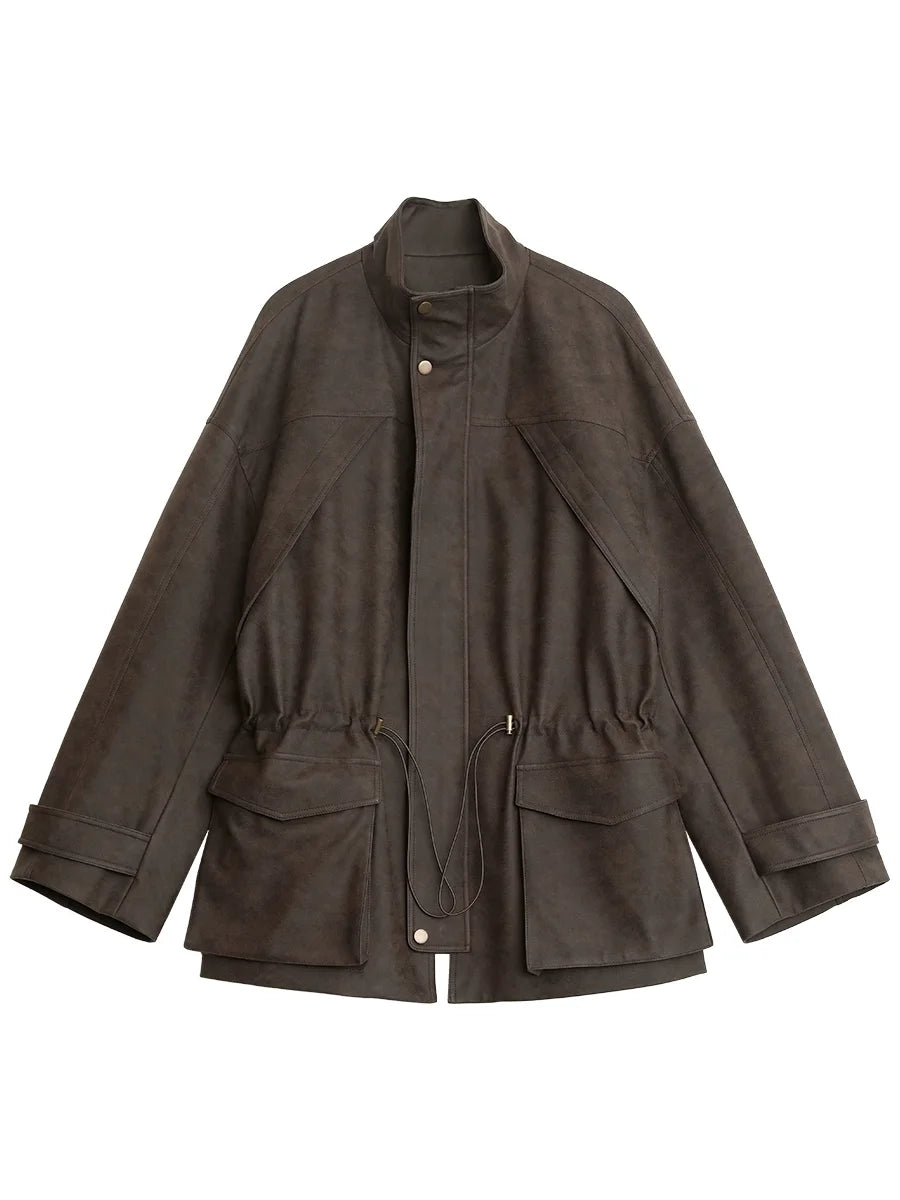 Women’s Brown Oversized Utility Jacket | Vintage Drawstring Safari Coat with Stand Collar for Casual, Travel & Fall Streetwear