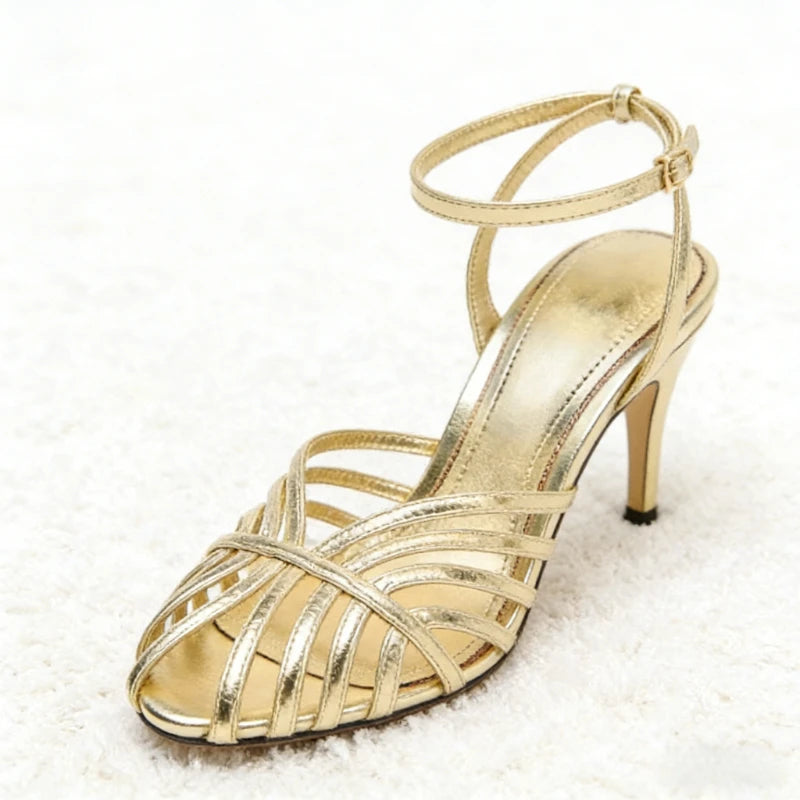 Women’s Metallic Strappy Stiletto Heels – Elegant Ankle Strap Party Sandals for Wedding, Evening & Occasion Wear