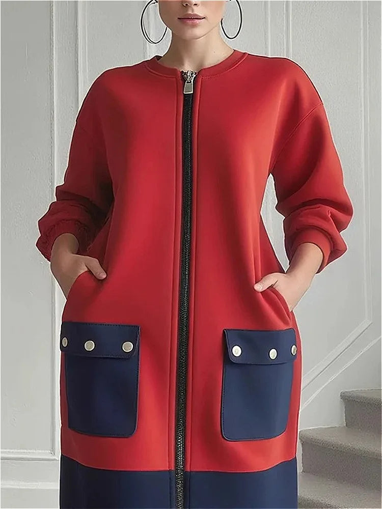 Women’s Red Zip Front Coat Dress | Color Block Long Sleeve Casual Chic Jacket Dress
