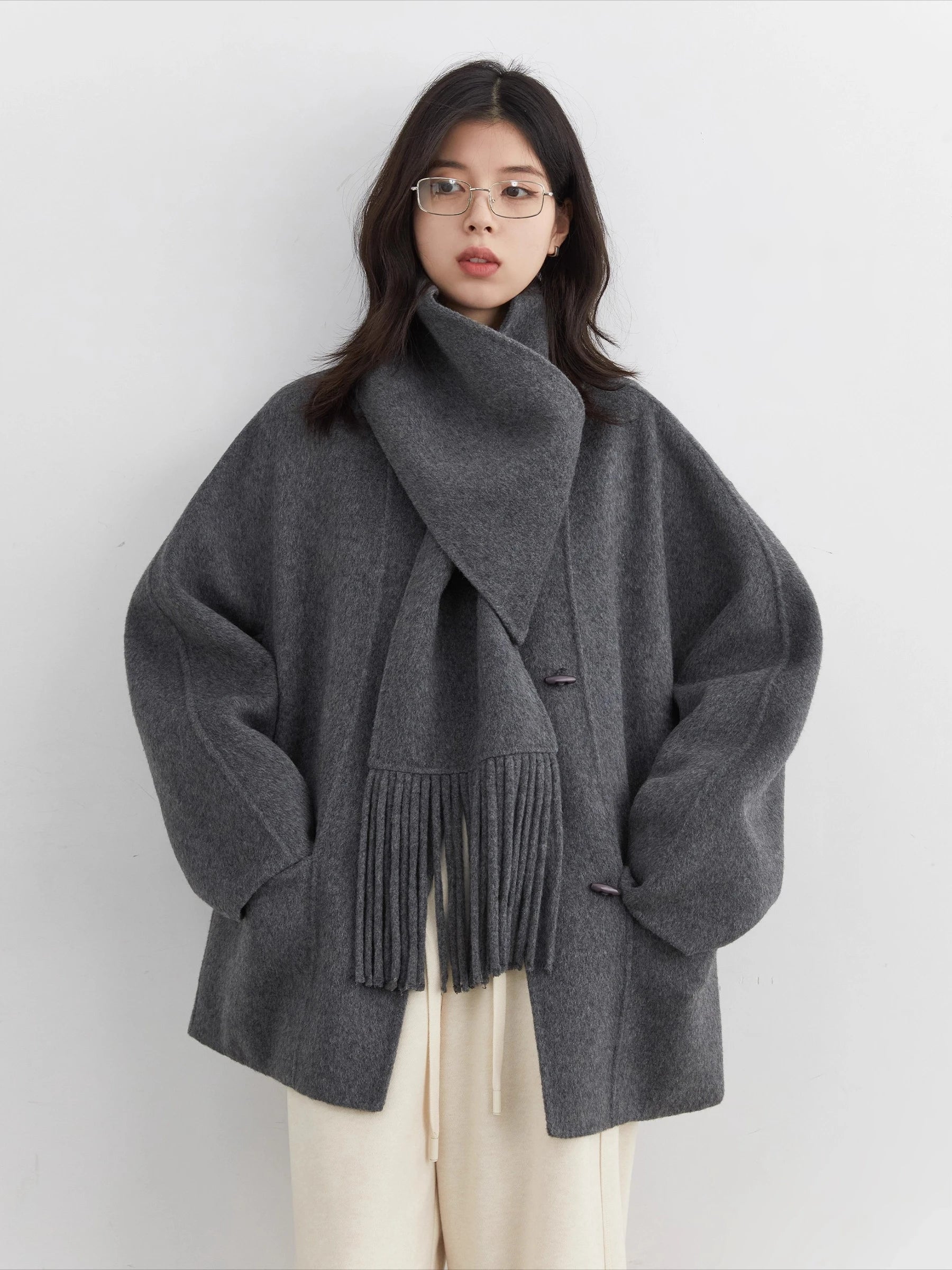 Women’s Oversized Minimalist Wool Jacket with Scarf | Cozy Winter Coat