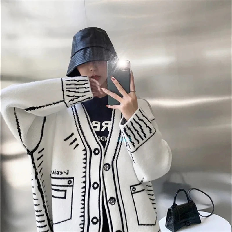 Women’s Oversized Contrast Knit Cardigan | Graphic Black & White Button-Up Sweater Coat