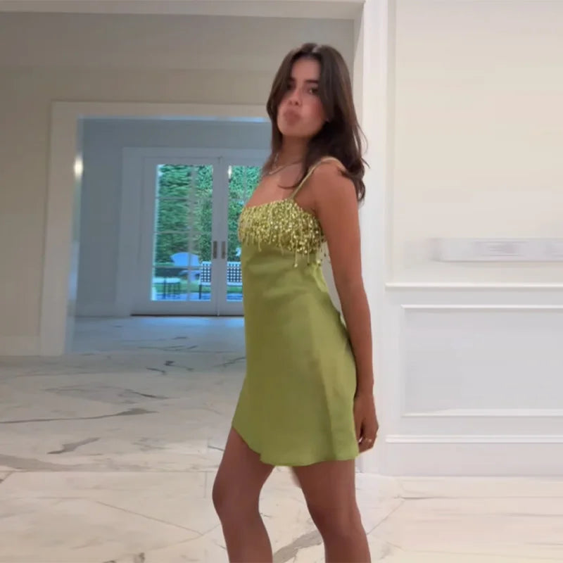 Women’s Lime Green Sequin Satin Mini Dress | Sparkly Fringe Bodycon Party Dress for Clubwear & Vacation Nights