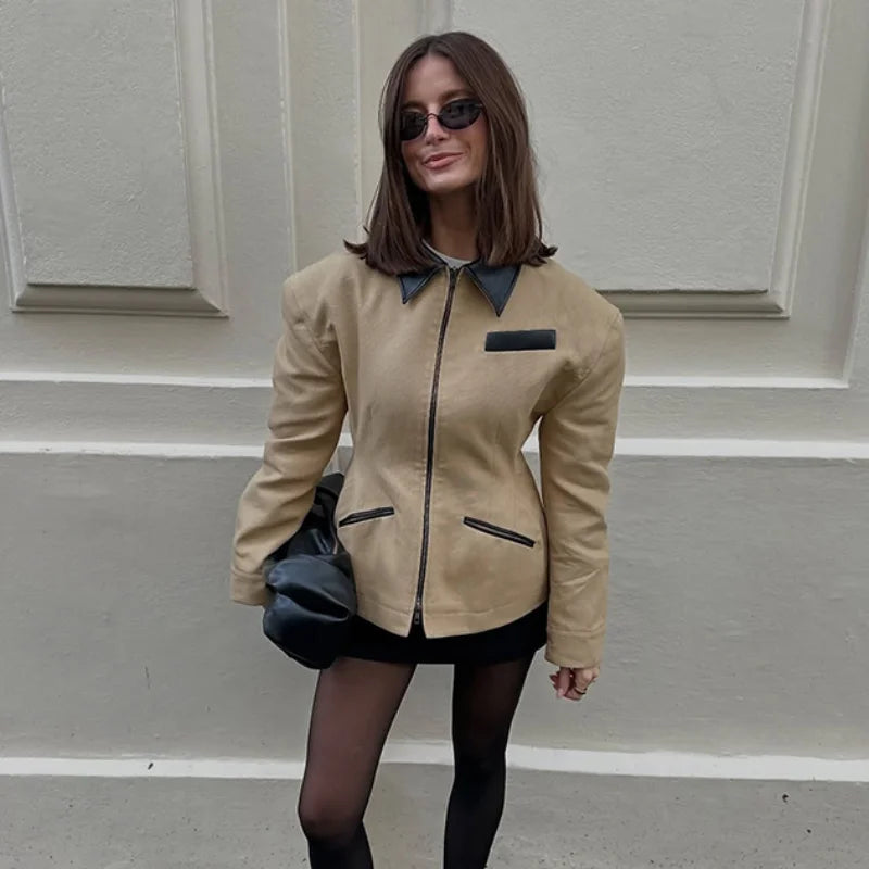 Women’s Beige Faux Leather Jacket | Vintage Minimalist Zip-Up Slim Fit Moto Coat
