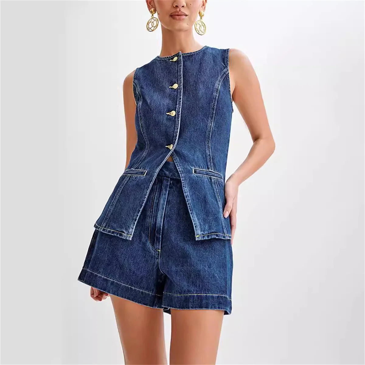 Women's Denim Waistcoat & High Waist Shorts Co-Ord Set | Casual Two Piece Summer Outfit