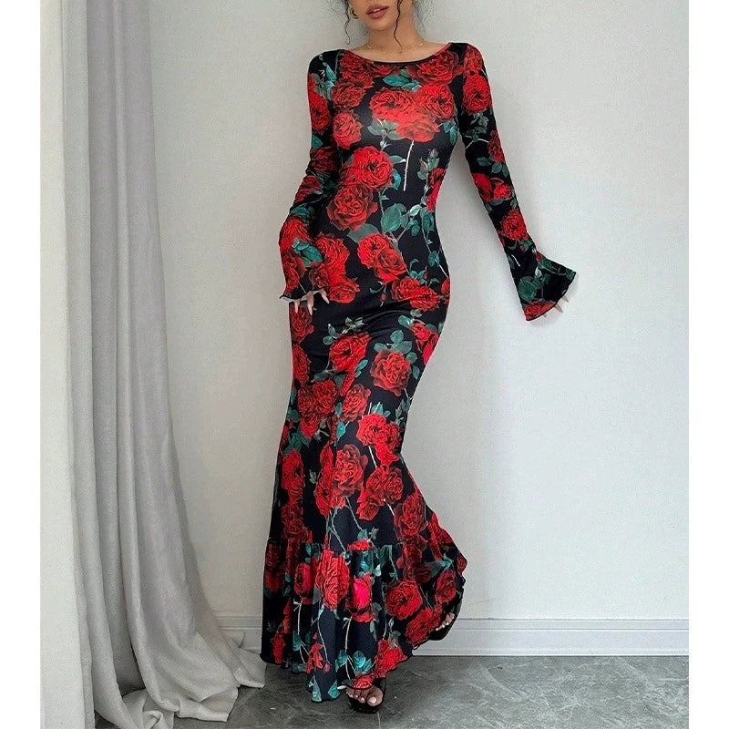 Rose Maxi Dress Women | Elegant Floral Mermaid Dress