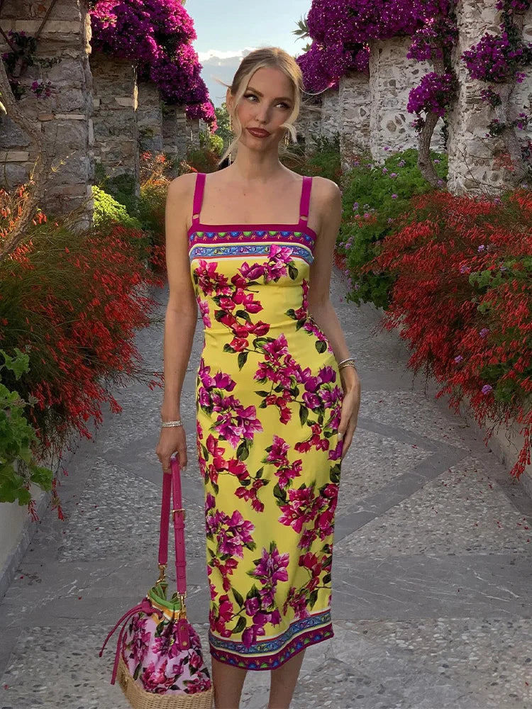 Yellow Floral Midi Dress Women | Summer Bodycon Sundress