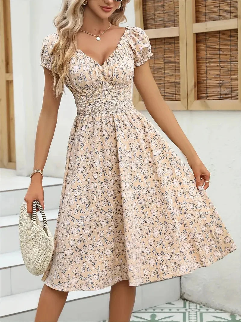 Women’s Floral Smocked Midi Dress | Romantic Puff Sleeve Cottagecore Summer Dress for Brunch & Vacation Wear