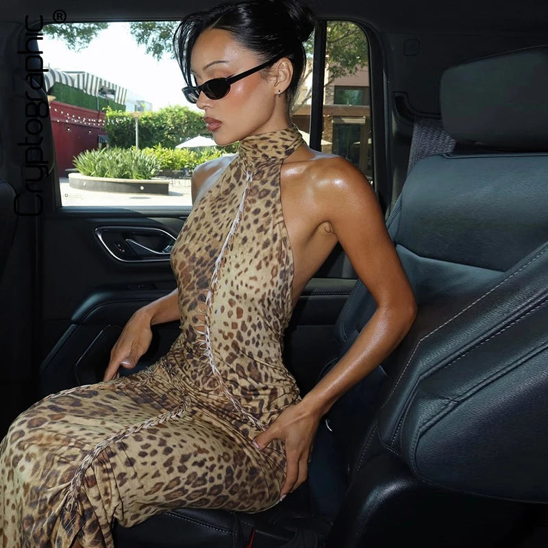 Leopard Print Maxi Dress Women | Halter Neck Bodycon Elegant Evening Dress