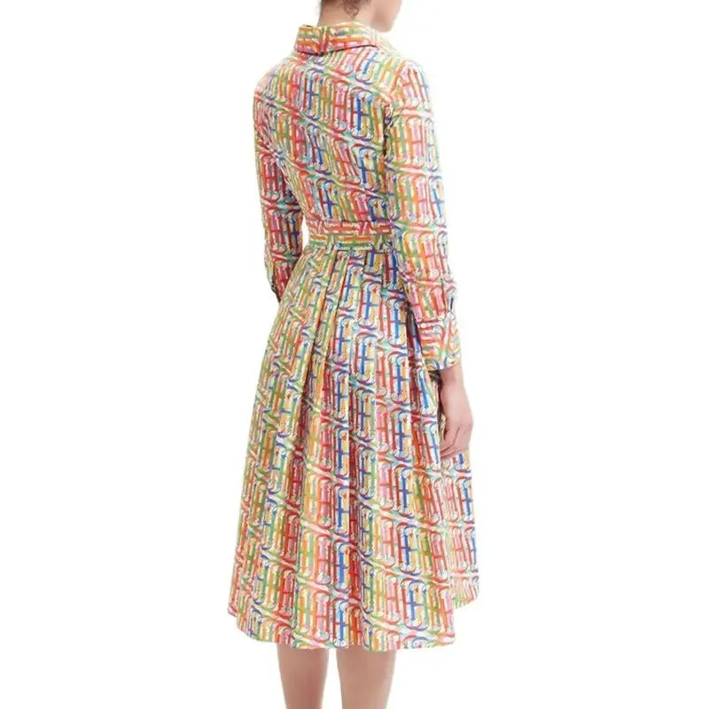 Printed Shirt Midi Dress Women | Long Sleeve Belted A Line Elegant Dress