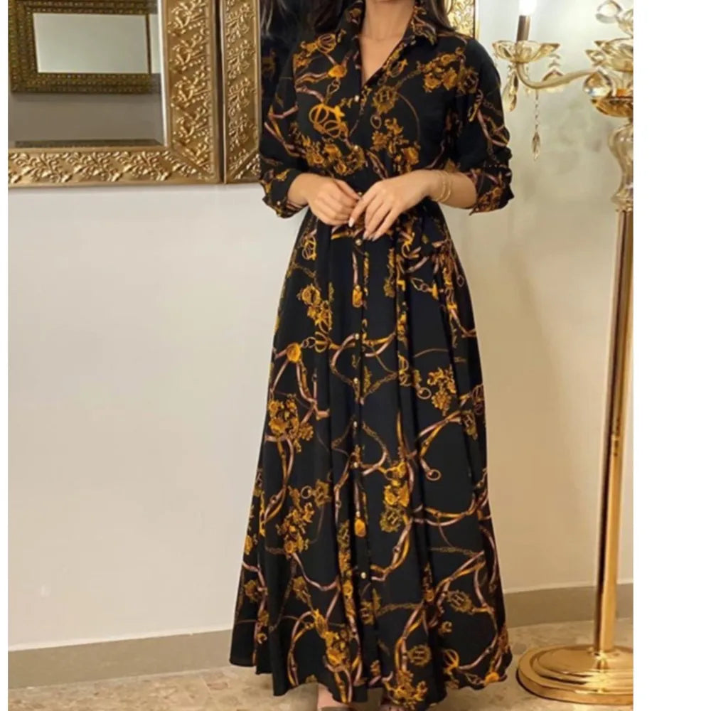 Printed Shirt Maxi Dress Women | Long Sleeve Belted A Line Elegant Dress