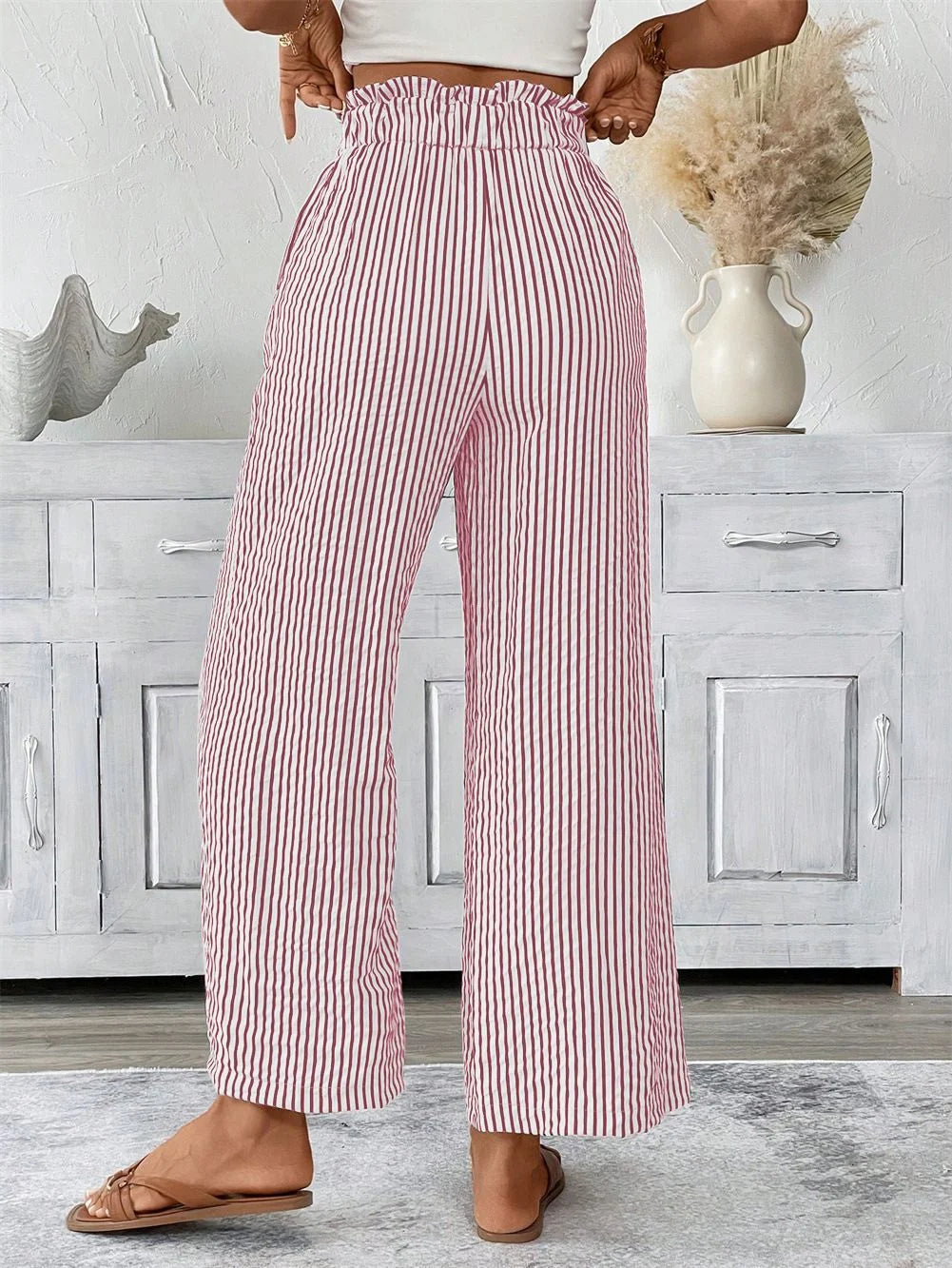 Women High Waist Striped Wide Leg Pants Casual Tie Waist Palazzo Trousers