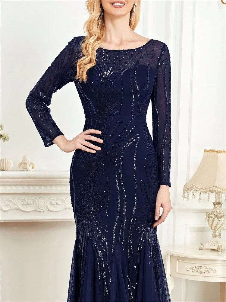 Women’s Navy Blue Sequin Mermaid Evening Gown | Long Sleeve Illusion Neck Formal Maxi Dress for Galas, Weddings & Black Tie Events