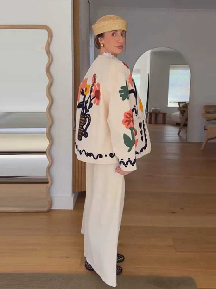 Women’s Abstract Embroidered Wool Blend Jacket | Artistic Cream Statement Coat for Women