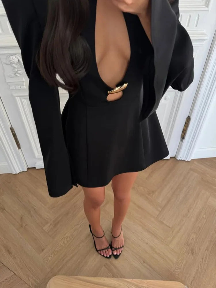 Black Cut Out Mini Dress Women | Gold Detail Party Dress