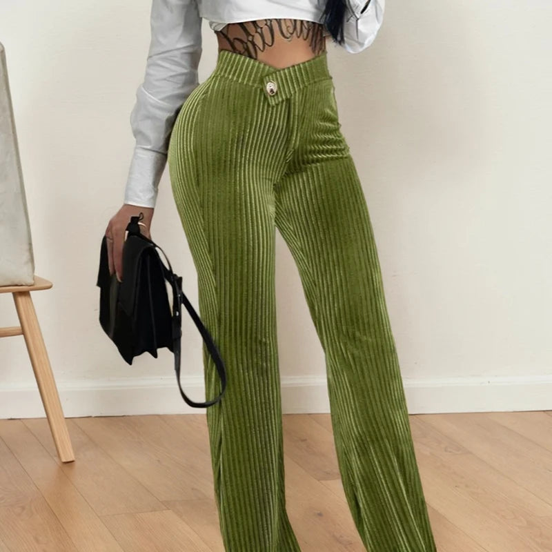 Women High Waist Ribbed Velvet Pants Slim Fit Straight Leg Trousers
