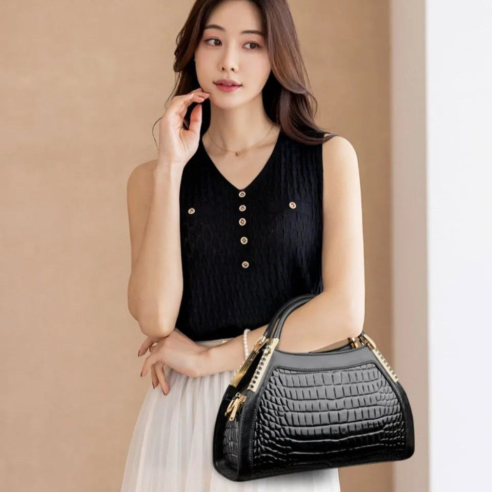Black Crocodile Embossed Top Handle Handbag for Women | Luxury Patent Leather Satchel | Elegant Shoulder & Crossbody Purse