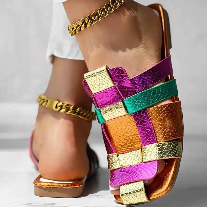 Women’s Multicolor Slide Sandals – Trendy Metallic Flat Slippers for Casual, Beach & Summer Wear