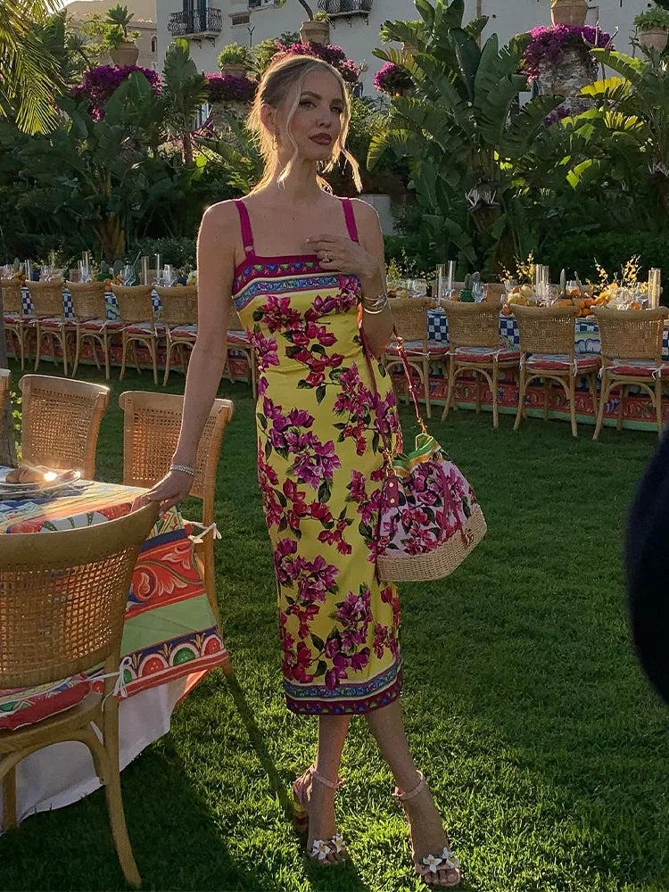 Yellow Floral Midi Dress Women | Summer Bodycon Sundress