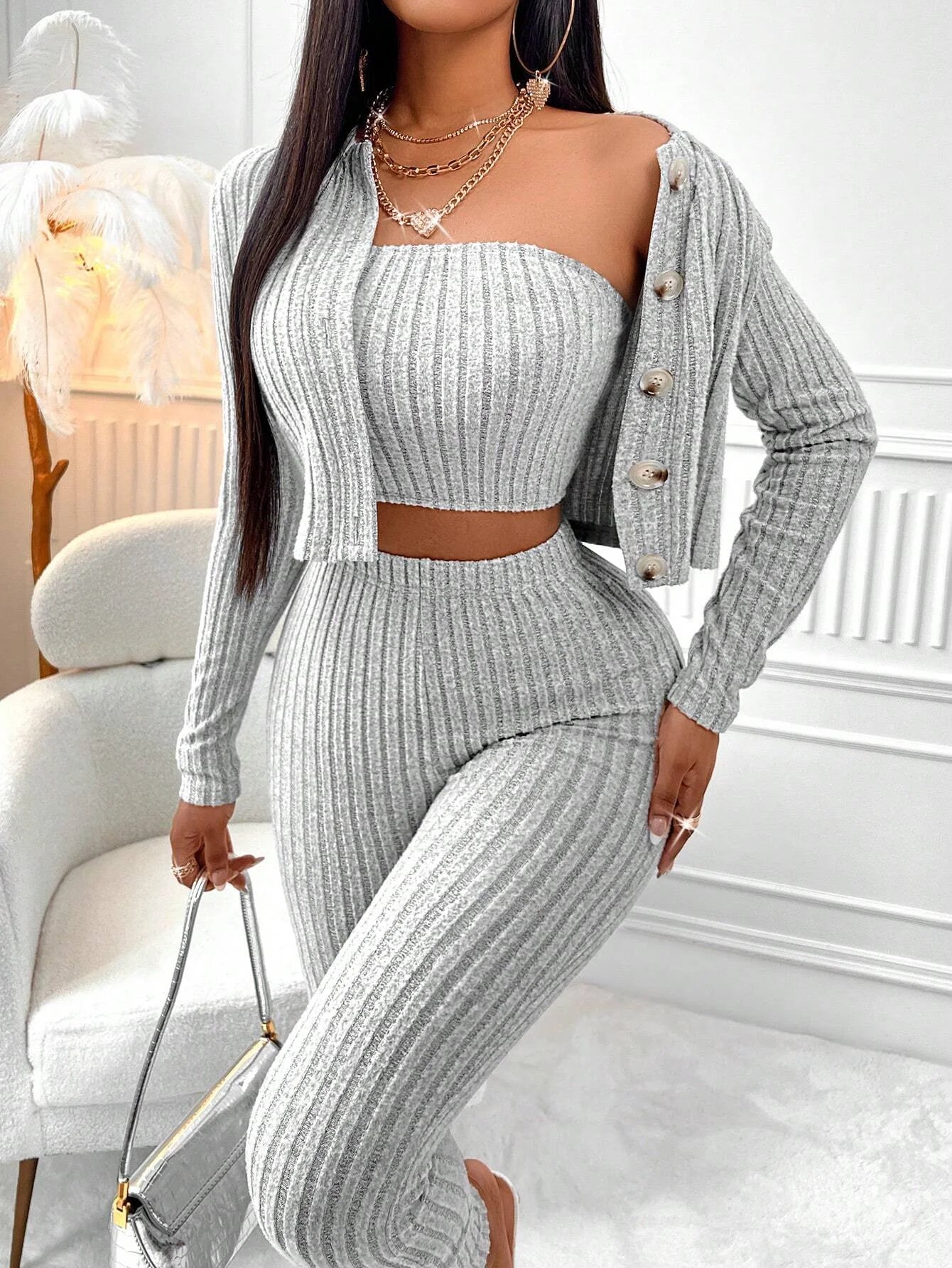 Women's Ribbed Knit Three Piece Co-Ord Set | Bandeau Top, Cardigan & High Waist Trousers Outfit