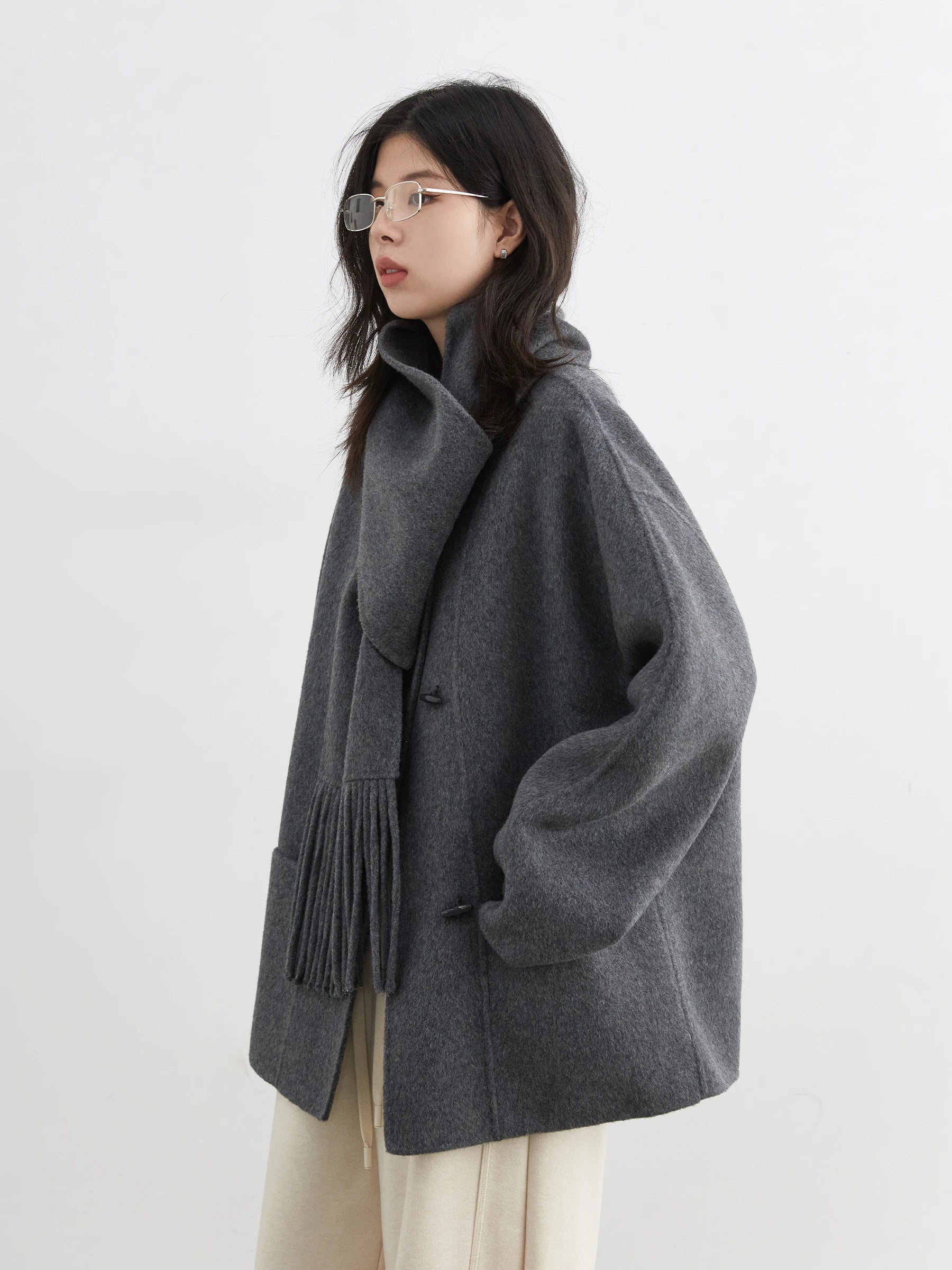 Women’s Oversized Minimalist Wool Jacket with Scarf | Cozy Winter Coat