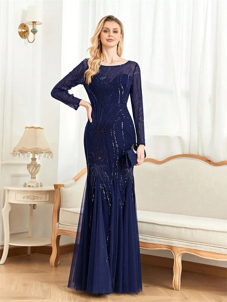 Women’s Navy Blue Sequin Mermaid Evening Gown | Long Sleeve Illusion Neck Formal Maxi Dress for Galas, Weddings & Black Tie Events