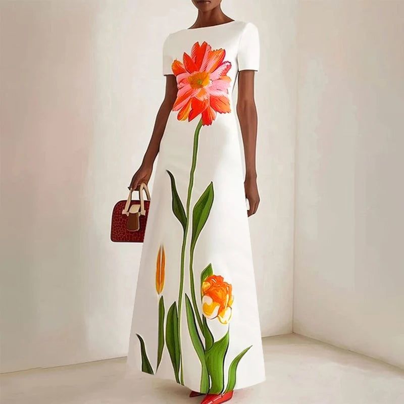Floral Printed Maxi Dress Women | Short Sleeve A Line Elegant Evening Dress