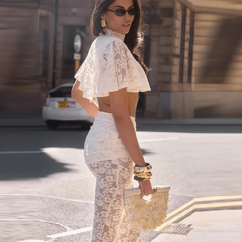 Women's Floral Lace Crop Top & High Waist Flared Trousers Co-Ord Set | Elegant Occasion Two Piece Outfit
